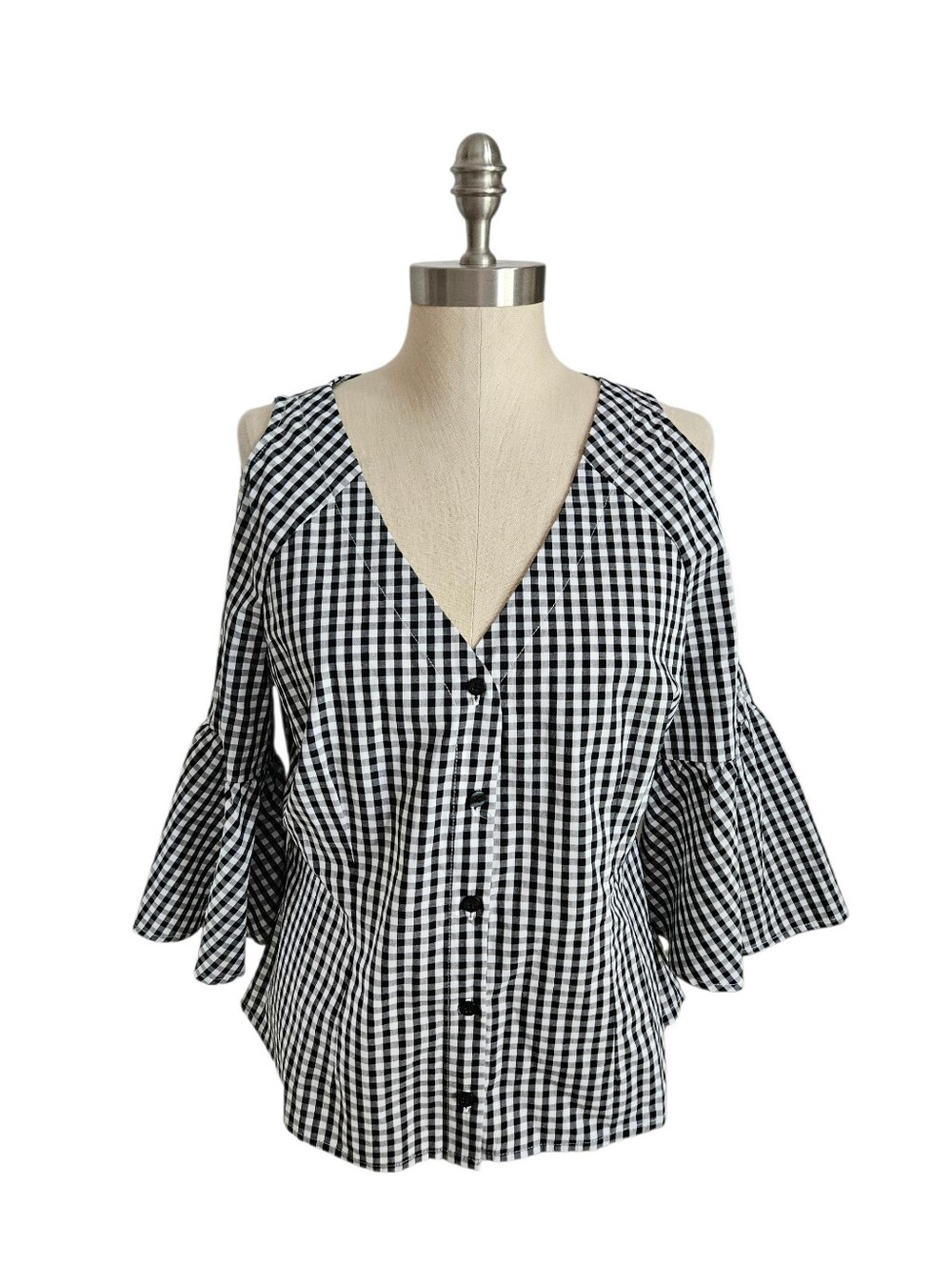 BOSTON PROPER Black & White Gingham Cold Shoulder Button Up Top | SZ M - Picture 2 of 10
